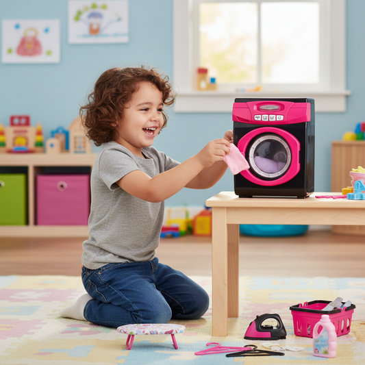 Gyerek játszik elektromos mosógép készlettel